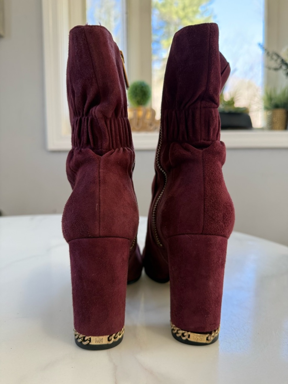 Michael Kors Burgundy Suede Ankle Boots with Gold Zipper - Picture 4 of 7